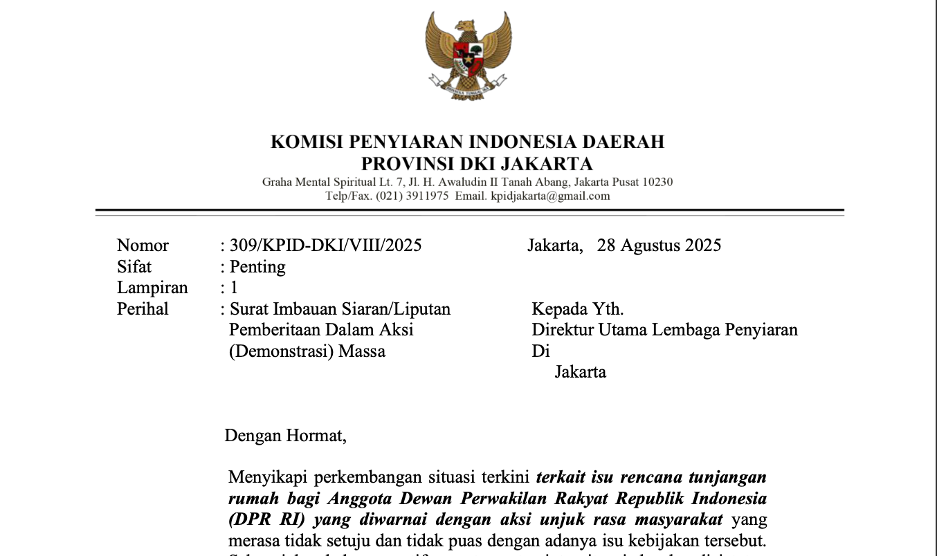 KPI Jakarta Imbau Stasiun TV Tak Siarkan Kekerasan Saat Demo 28 Agustus 2025