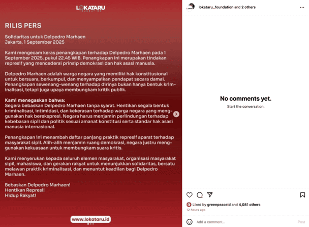 Keterangan resmi Lokataru Foundation terkait penangkapan Direktur Lokataru Foundation Delpedro Marhaen