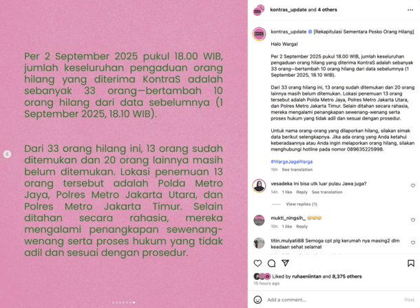 KontraS: Laporan Orang Hilang Bertambah Jadi 33 Orang, 13 Sudah Ditemukan